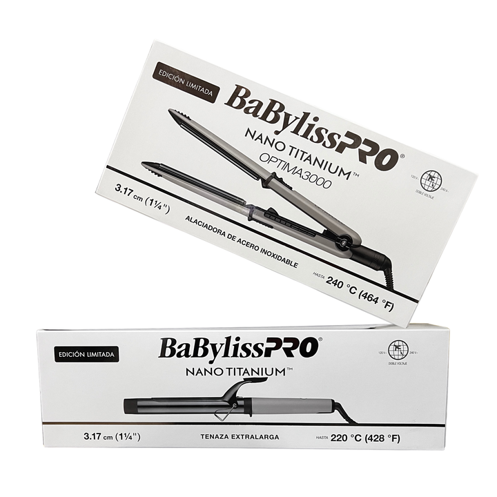 Combo Nano Titanium Plancha Optima 3000 de 3.17 cm (1 ¼") y Tenaza XL 3.17 cm (1 ¼") BaBylissPRO