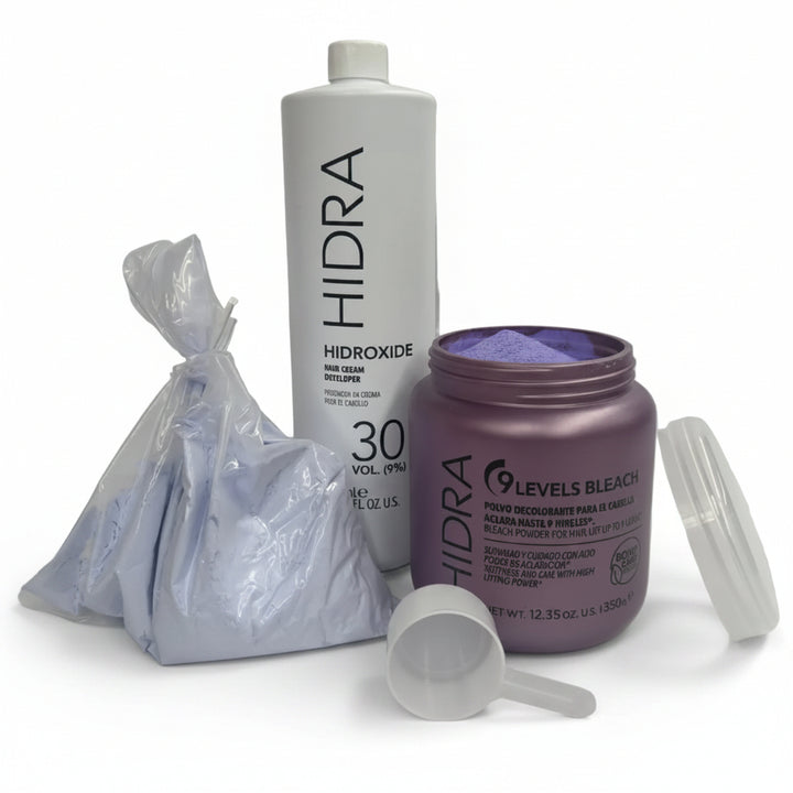 Decolorante de 9 Niveles Bleach Azul 350 g + Peróxido 30 vol 1 L - HIDRA